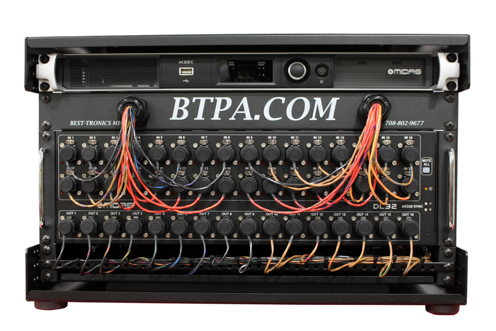 Front view of the BTPA Mixer Fly rack centered around the Midas M32C and Midas DL32 units