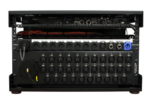 BTPA 6U Mixer Fly Rack back view with 32 channel input split and 1U panel for other necessary con...